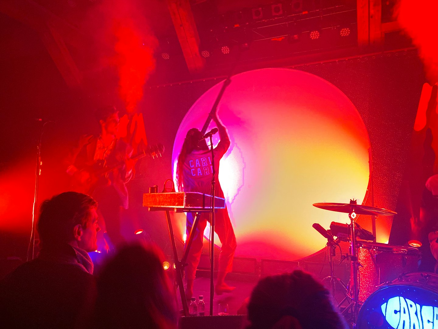 Musiker spelar en energisk konsert på en rökig scen.